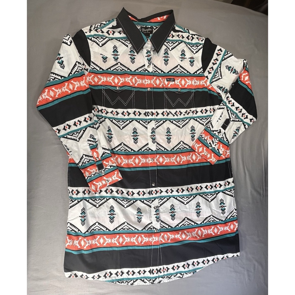 Wrangler Retro Aztec Southwest Orange Black Pearl Snap Dress Shirt Women's XXL
